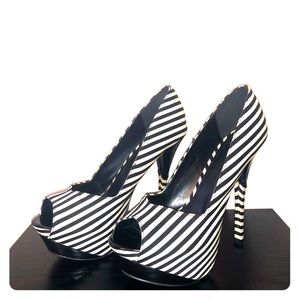 Black and white stripe peep toe heels
